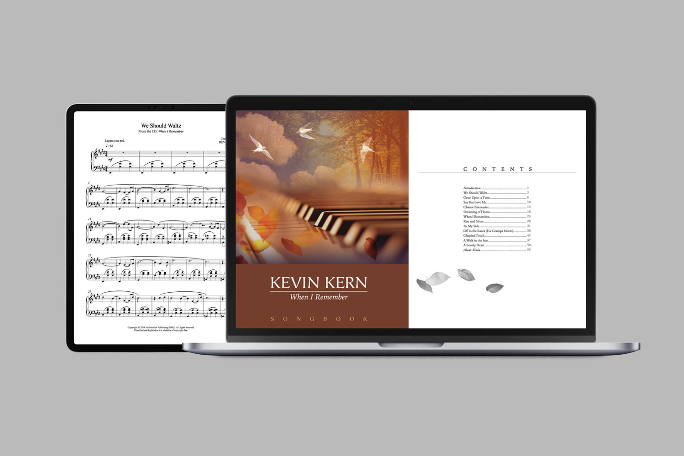 Digital version of the piano songbook, When I Remember by  Kevin Kern. Displayed on a laptop and iPad.