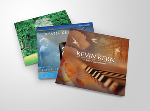 Displayed are a collection of 3 CDs by Steinway Artist, Kevin Kern. The CDs are (from front to back) - "When I Remember", "Imagination's Light", and "In the Enchanted Garden".