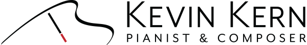 Kevin Kern, pianist and composer, logo of a piano lid with a white cane acting as the stick