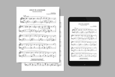 Digital sheet music (in both printed pdf and iPad form) of Christmas song, Away in a Manger, arrangement by Kevin Kern 