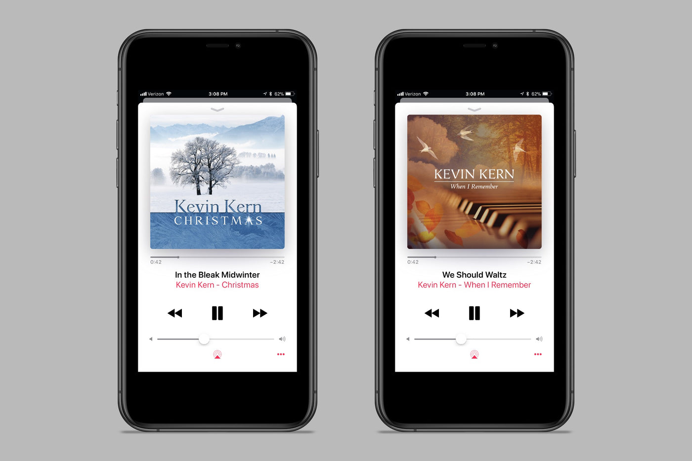 2 smartphones displaying digital albums by Kevin Kern - Christmas and When I Remember.
