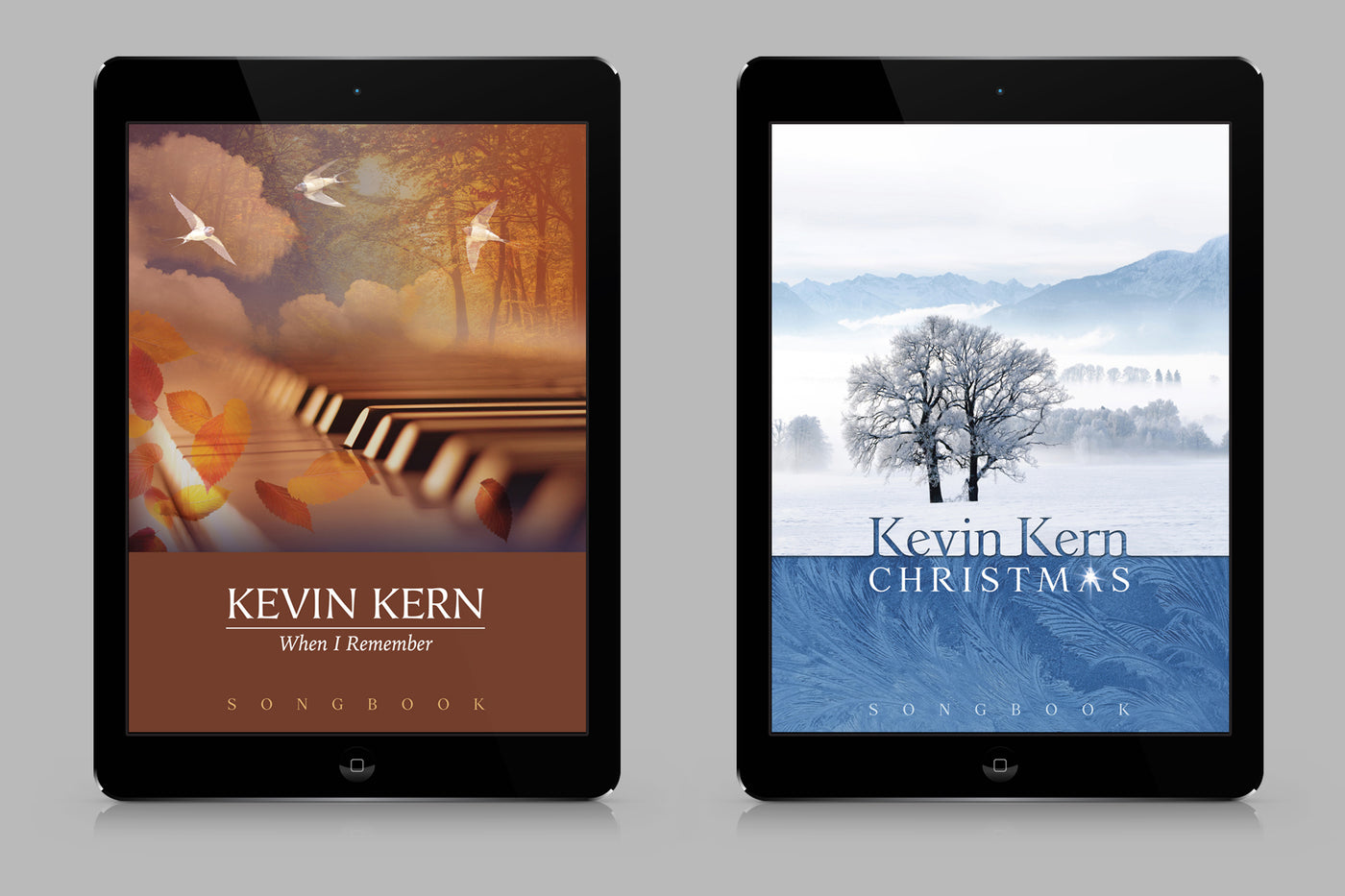 Two digital piano songbooks (displayed each on an iPad) by pianist Kevin Kern - When I Remember and Christmas.
